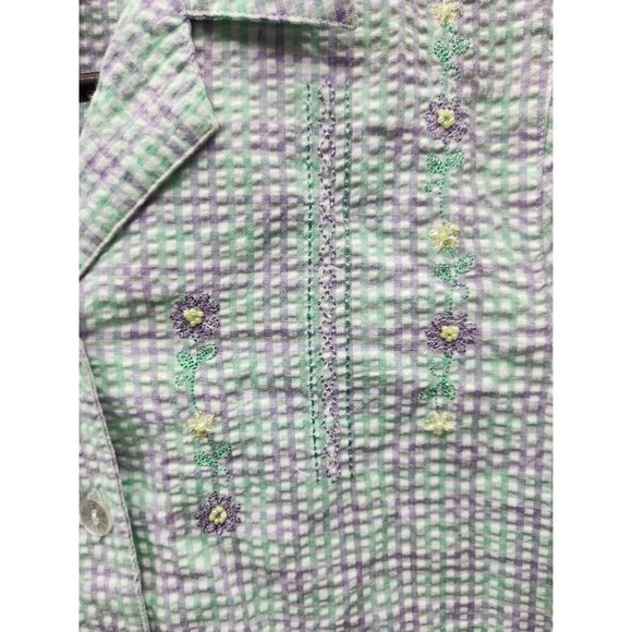 Alfred Dunner Womens Petite Plaid Short Sleeve Blouse 8P Green & Purple Embroide - Picture 2 of 5